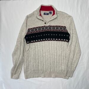 Chaps Men's L Cotton Fair Isle Mock Neck Sweater Button Pullover Nordic Grandpa